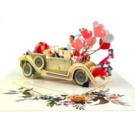 Handmade 3D Pop Up Card Just Married Wedding Card Vintage Car Couple Bride Groom Big Day Party Invitation Wedding Gift Congratulations Card Blank Card