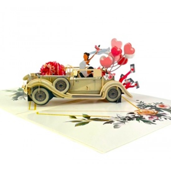 Handmade 3D Pop Up Card Just Married Wedding Card Vintage Car Couple Bride Groom Big Day Party Invitation Wedding Gift Congratulations Card Blank Card