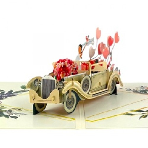 Handmade 3D Pop Up Card Just Married Wedding Card Vintage Car Couple Bride Groom Big Day Party Invitation Wedding Gift Congratulations Card Blank Card