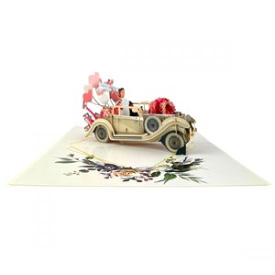 Handmade 3D Pop Up Card Just Married Wedding Card Vintage Car Couple Bride Groom Big Day Party Invitation Wedding Gift Congratulations Card Blank Card