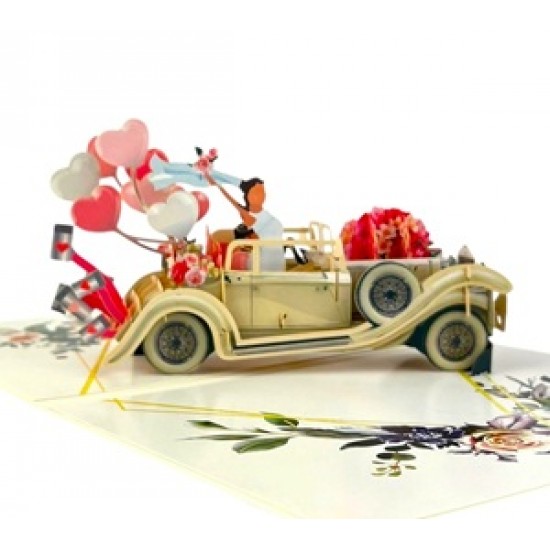 Handmade 3D Pop Up Card Just Married Wedding Card Vintage Car Couple Bride Groom Big Day Party Invitation Wedding Gift Congratulations Card Blank Card