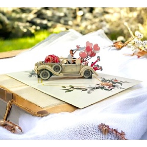 Handmade 3D Pop Up Card Just Married Wedding Card Vintage Car Couple Bride Groom Big Day Party Invitation Wedding Gift Congratulations Card Blank Card