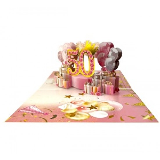 Handmade 3D Pop Up Card 50 Fifty Happy Birthday Pink Rose Cake Balloon Love Frendship