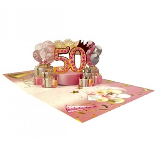 Handmade 3D Pop Up Card 50 Fifty Happy Birthday Pink Rose Cake Balloon Love Frendship