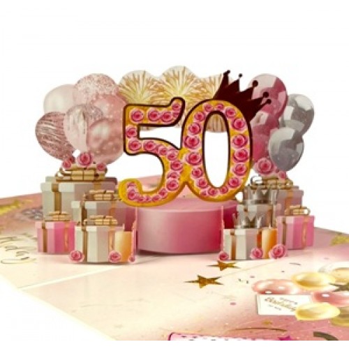 Handmade 3D Pop Up Card 50 Fifty Happy Birthday Pink Rose Cake Balloon Love Frendship