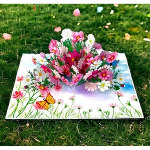 Handmade 3D Pop up Card Cosmos Flowers Love and Joy Birthday Valentines Day Mother's Day Wedding Anniversary Congratulations Retirement Thank you Teacher's Day New House Blank Celebrations