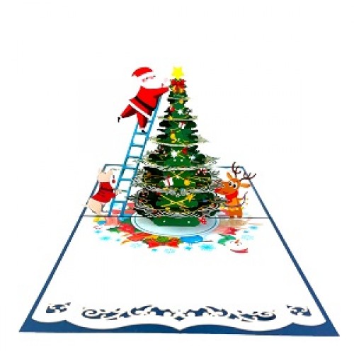 Handmade 3D Pop Up Xmas card Merry Christmas Santa Claus reindeer dog ladder tree gift decorations seasonal greetings