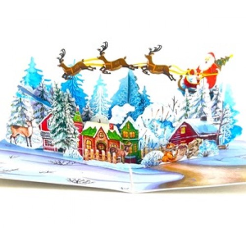 BC Worldwide Ltd 3D pop up Xmas card Merry Christmas Santa Claus reindeer sledge gift forest country mansion snow seasonal greetings celebration blank