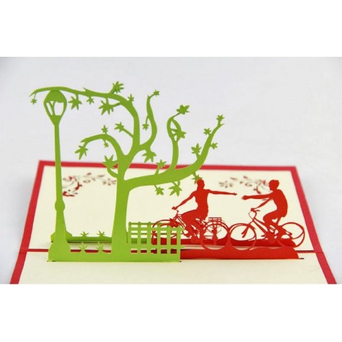 Handmade 3d Pop Up Card Birthday Valentines Day Wedding Anniversary Vintage Country Cottage Village Love Couple Cycling Bike Bicycle Tree