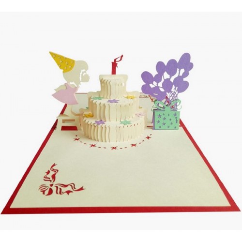 Handmade 3d Pop Up Birthday Card Girl Cake Balloon Gift Candle Bow Star Papercraft Laser Cut Origami Kirigami Pink Daughter Party Invitation