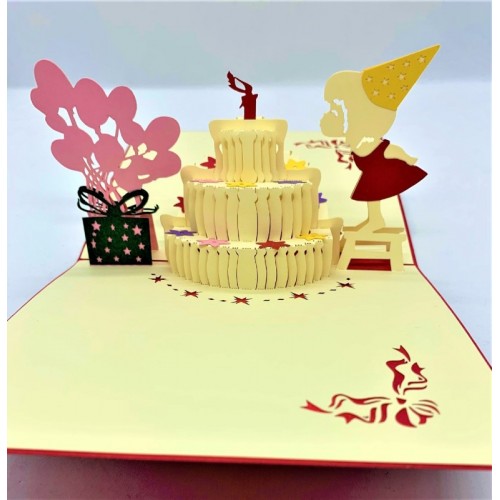 Handmade 3D Pop Up Card,birthday Girl Cake Balloon Gift,happy Birthday Card,greeting Card,kid Child Daughter Birthday Party Invitation Card