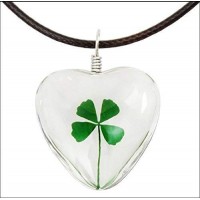 Handmade Good Luck Charm Pendant Dry Pressed Preserved 4 Leaf Clover Leather Love Heart Metal Necklace Birthday Valentines Wedding Anniversary St Patrick Day Gift