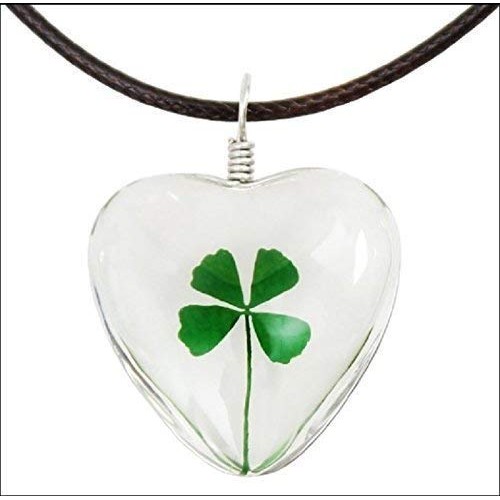 Handmade Good Luck Charm Pendant Dry Pressed Preserved 4 Leaf Clover Leather Love Heart Metal Necklace Birthday Valentines Wedding Anniversary St Patrick Day Gift