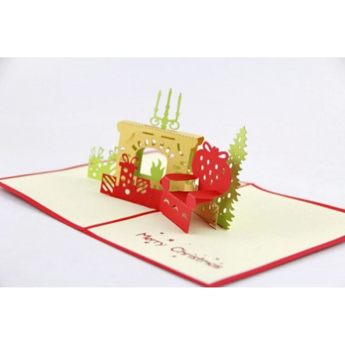 Handmade Origami Papercraft Paperart 3d Popup Christmas Xmas Card Fireplace Couch Armchair Sofa Candle Light Gifts Presents Red Green Gold Greeting Cards