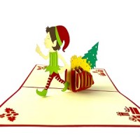 Handmade 3D Pop Up Xmas Card Happy Christmas Elf Gift Bag Tree Holly Seasonal Greetings Gifts Decorations