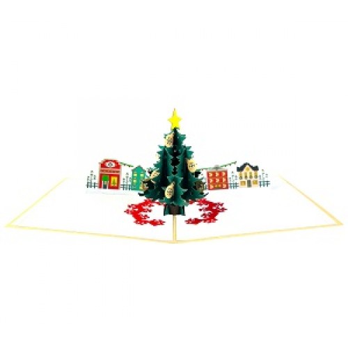 Handmade 3D Pop Up Christmas Card Merry Xmas Tree Town Square Seasonal Greetings Blank Card Celebrations Card