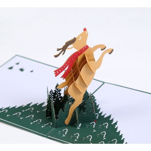 Handmade 3D Pop Up Christmas Xmas Card Flying Reindeer cross Forest Scarf Country blank seasonal greetings card to friends and family