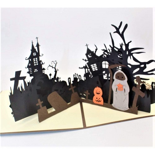 Handmade 3d Pop Up Halloween Card Ghost Town Church Tomb Stone Graveyard Haunted House Spider Web Bat Witch Broom Grim Reaper Gothic Party Invitation
