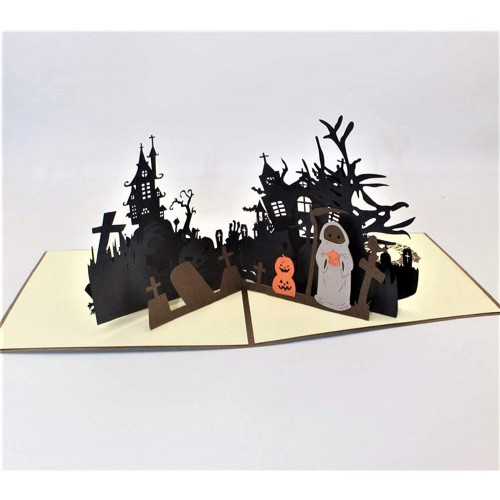 Handmade 3d Pop Up Halloween Card Ghost Town Church Tomb Stone Graveyard Haunted House Spider Web Bat Witch Broom Grim Reaper Gothic Party Invitation