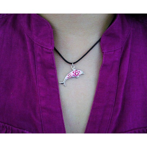 Handmade Ceramic Pink Silver Dolphin Flower Rhinestone Charm Pendant Necklace Birthday Graduation Anniversary Mother's Day Christmas Valentines Day Gift For Her