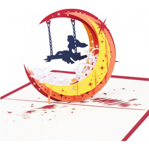 Handmade 3D Pop Up Card Swing Moon Star Girl Birthday Valentines Day Mother's Day Thanksgiving Christmas New Year Party Invitation Paper Origami Gift