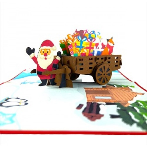 Handmade 3D Pop Up Xmas Card Happy Christmas Santa Claus Gift Cart Trolley Fox Bear Penguin Rabbit Tree Cottage Snowflakes Seasonal Greetings Decorations Ornaments Celebrations Card