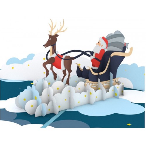 Handmade 3D Pop Up Xmas Card Merry Christmas Santa Claus Flying Reindeer Moon Clouds Star Sledge Gift Seasonal Greetings Blank Celebrations