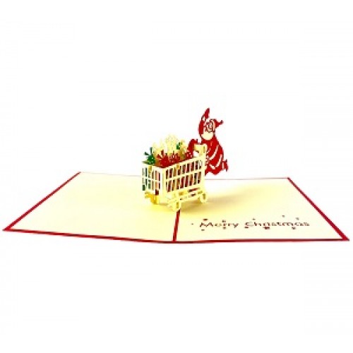 Handmade 3D Pop Up Xmas Card Happy Christmas Santa Claus Gift Shopping Trolley Seasonal Greetings Celebrations Card
