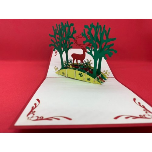 Handmade 3d Pop Up Card 12x12cm Merry Christmas Xmas Greeting Card Reindeer Tree Snowflakes Country Forest Papercraft Origami Kirigami Gift Ornament Decoration