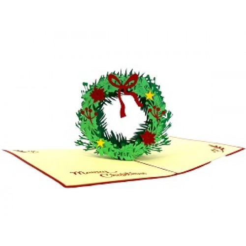 Handmade 3D Pop Up Xmas Card Happy Christmas Green Wreath Red Bow Yellow Star Seasonal Greetings Gift Ornament Decorations