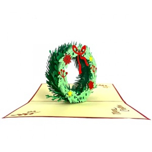 Handmade 3D Pop Up Xmas Card Happy Christmas Green Wreath Red Bow Yellow Star Seasonal Greetings Gift Ornament Decorations