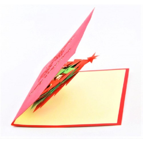 Handmade 3D Pop Up Christmas Card, Greeting Card, Happy Christmas Red Green Evergreen Conifer Pine Tree Card