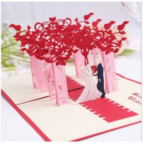 Handmade Origami Papercraft Paperart 3d Popup Wedding Valentine's Day Cards Groom Bride Flower Red Pink Ceremony Big Day Sweet Fairy Tale